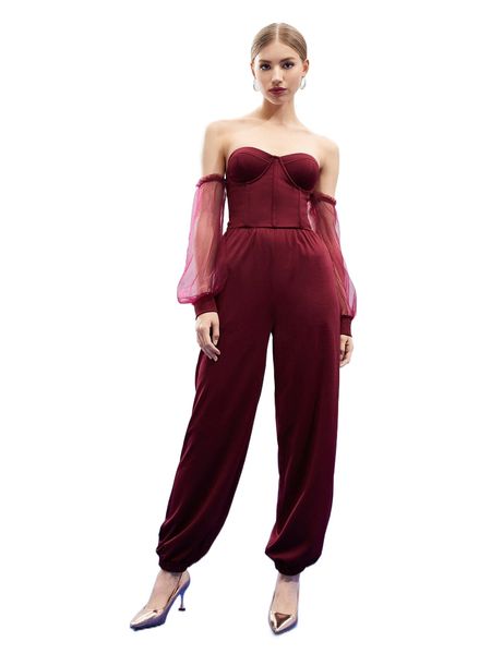 

x pchawj off shoulder mesh lantern sleeve carrot jumpsuit o9jw#, Black;white