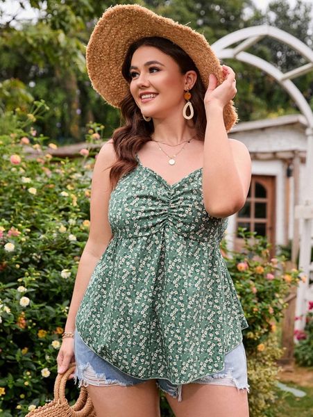 

plus ditsy floral ruched cami o9or#, Black