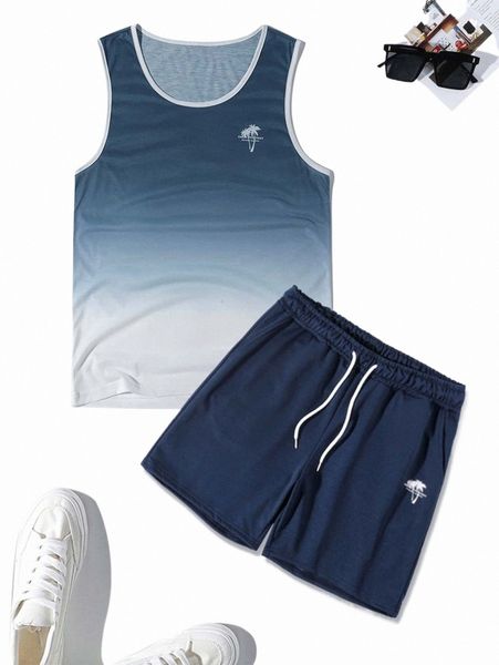 

men coconut tree & slogan graphic ombre tank & shorts l2rz#, Gray