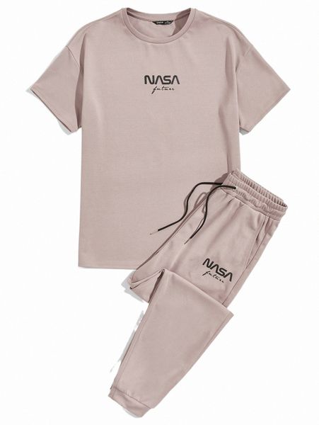 

men letter and planet graphic tee & drawstring waist sweatpants set 89fu#, Gray