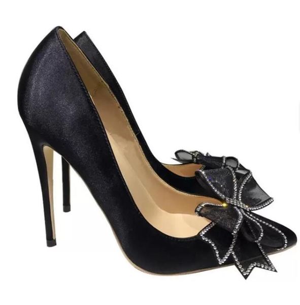 New Style Lady Shoe 12 cm preto vermelho cetim arco diamante alto salto alto mulheres s steletto pontas pontuais bombas de cristal sapatos de casamento festas bombas de festa