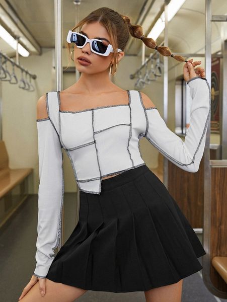 

stitching cold shoulder asymmetrical hem tee s61y#, White