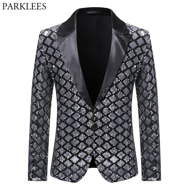 Silver Sequin xadrez Blazer Jaqueta Homens Moda Moda Slim Fit Um Botão Vestido Terno Blazer Festa Masculina Festa de Casamento Traje Home 220409