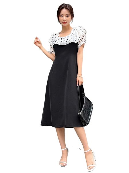 

dazy polka dot print ruffle trim dress b7xy#, Black;gray