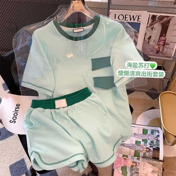 

mint green casual twopiece sport suit womens summer fashion oneck short asual wideleg elastic waist shorts set 220705, White