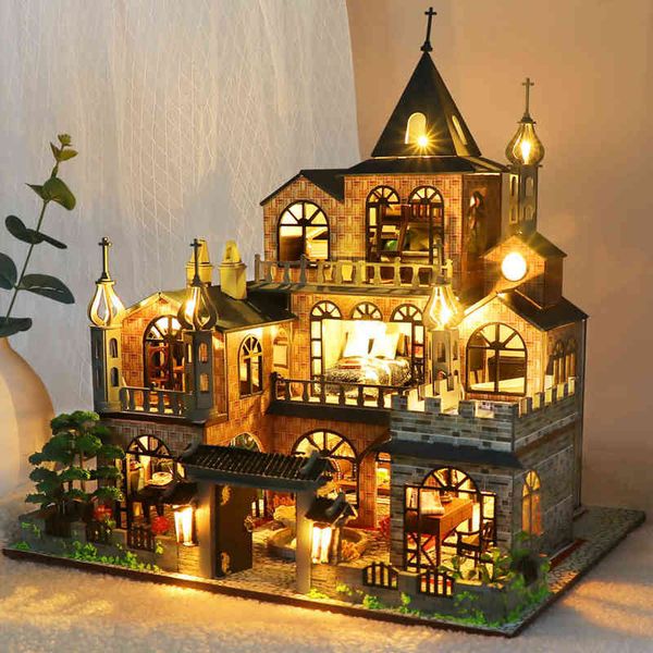 Diy casa de boneca de madeira kit em miniatura com móveis luz casa europeia villa brinquedos roombox para adultos presentes natal