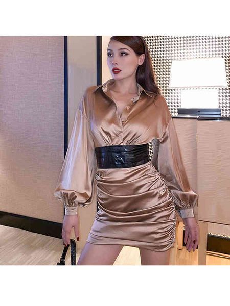 

casual dresses vintage original autumn and winter style temperament champagne satin waist fold dress a6si, Black;gray