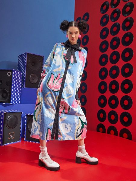 

x apipoj floral print contrast trim tie neck shirt dress f4xl#, Black;gray