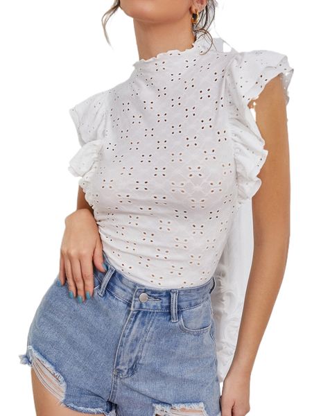

eyelet embroidery stand collar butterfly sleeve lettuce trim tee v2hh#, White