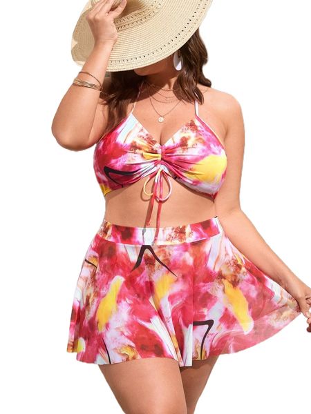 

plus tie dye drawstring bikini swimsuit with beach skirt c6fg#, White;black