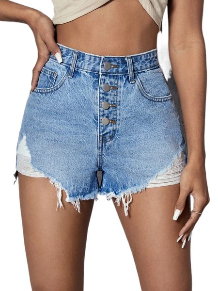 

ripped raw hem button detail denim shorts 94ci#, White;black