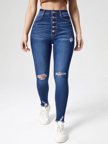 

high waist button front ripped raw hem skinny jeans k7i5#, Blue