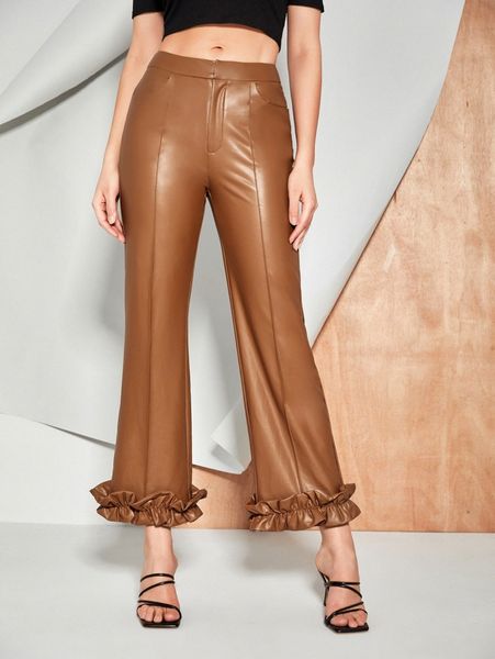 

x najilaraqueldesigns ruffle hem seam front pu leather pants e5fu#, Black;white