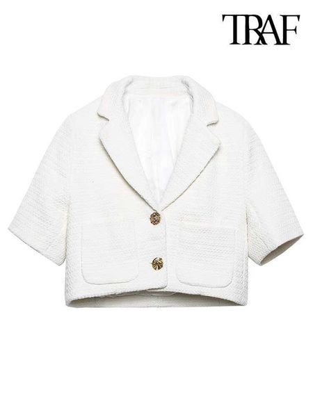 Traf Women Fashion Metal Button Tweed geschnittener weißer Blazer -Mantel Vintage Kurzarmtaschen Weibliche Oberbekleidung Chic Tops