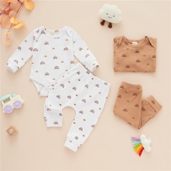 

2 colors baby autumn clothing sets newborn infant boy girls knitted rainbow print bodysuits pants trousers homewear outfits, White