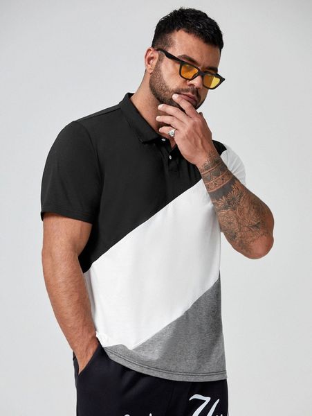 

extended sizes men color block polo shirt v5xr#, White;black