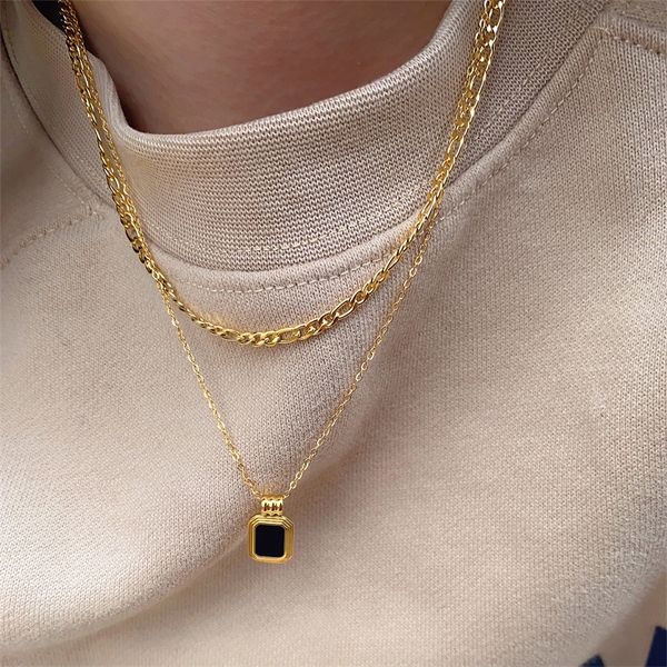 

titanium with 18k gold layered chain black stone necklace women jewelry punk party t show runway designer club japan korean, Silver