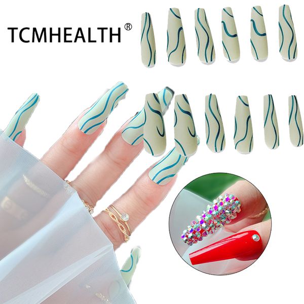 

24pcs new luxury jewelry false nails matte full coverage long ballet coffin fake nails crystal diamond trend art french manicure tools, Red;gold