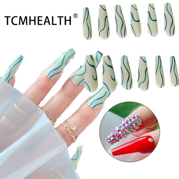 

24pcs new luxury jewelry false nails matte full coverage long ballet coffin fake nails crystal diamond trend art french manicure tools, Red;gold