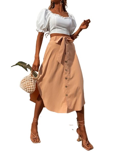 

button front curved hem belted skirt a5pr#, Black