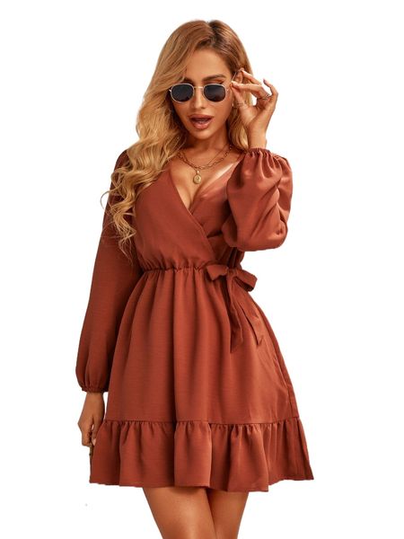 

lantern sleeve ruffle hem knot side dress j6gc#, Black;gray