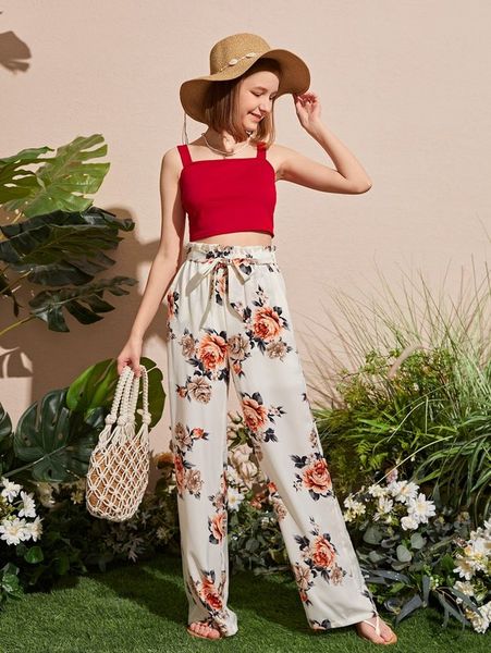 

teen girls cami & floral paper bag waist pants set she, White