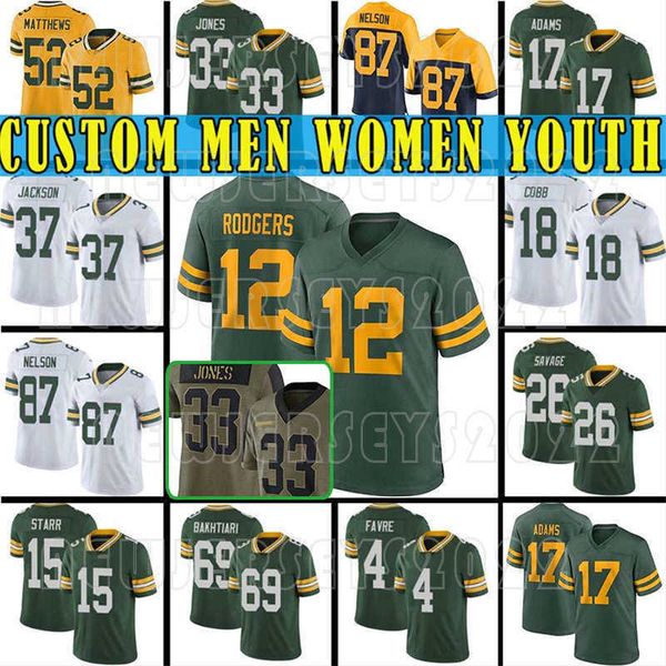 

12 aaron rodgers custom davante adams green aaron jones football bays bart starr darnell savage jr packer jerseys brett favre rashan gary, Black