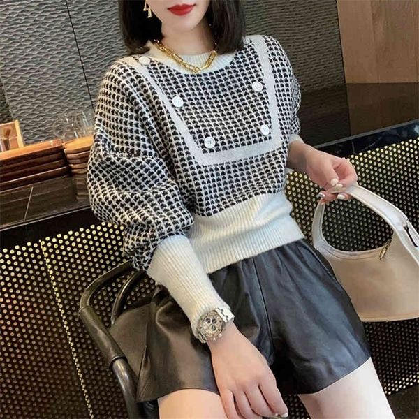 

jxmyy lazy loose black and white pullover houndstooth knitted sweater europe station autumn and winter women's 210412, White;black