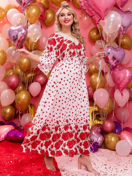 

plus floral print contrast lace raglan sleeve belted dress j4xw#, Black