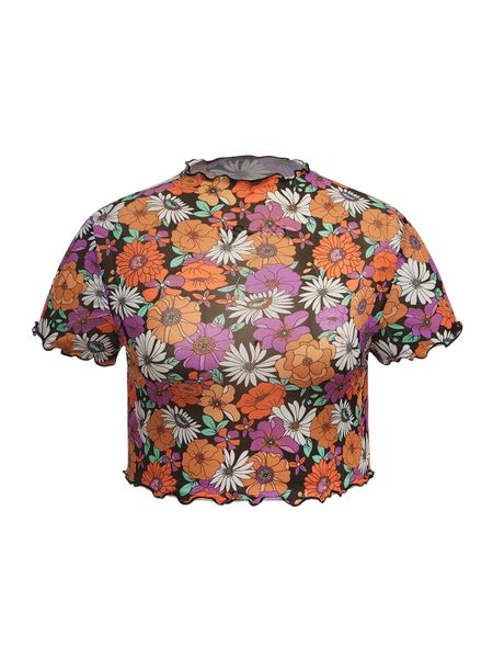 

plus lettuce trim floral print tee g634#, Black