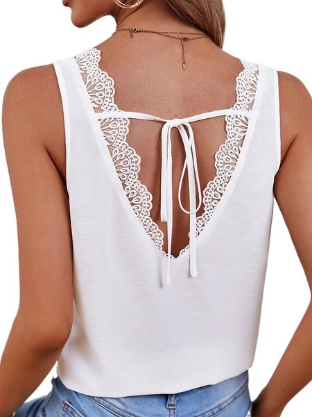 

frenchy contrast guipure lace tie back blouse l9aj#, White