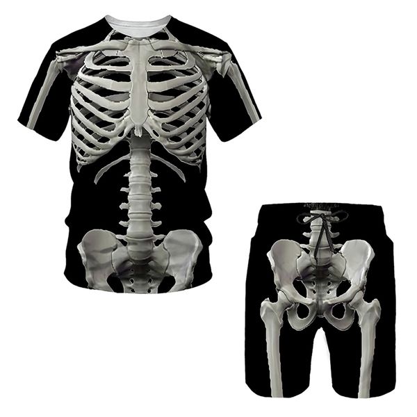 T-shirt da uomo moda estiva Set scheletro stampa 3D tuta da uomo O collo top camicie abiti oversize pantaloncini sportivi casual 220708