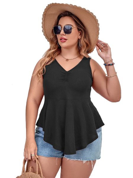 

plus ruched peplum tank b9z7#, Black