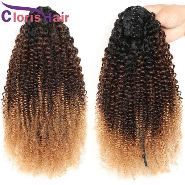 Honey Blonde Ombre Afro Kinky Curly Artiglio su capelli umani Coda di cavallo colorata 1B / 4/27 Ricci africani vergini brasiliani Clip nelle estensioni Parrucchino per donne nere