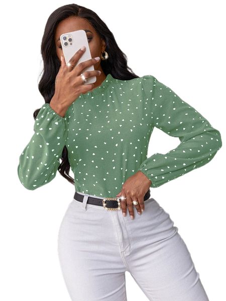 

confetti heart print bishop sleeve frilled neck blouse k7sg#, White