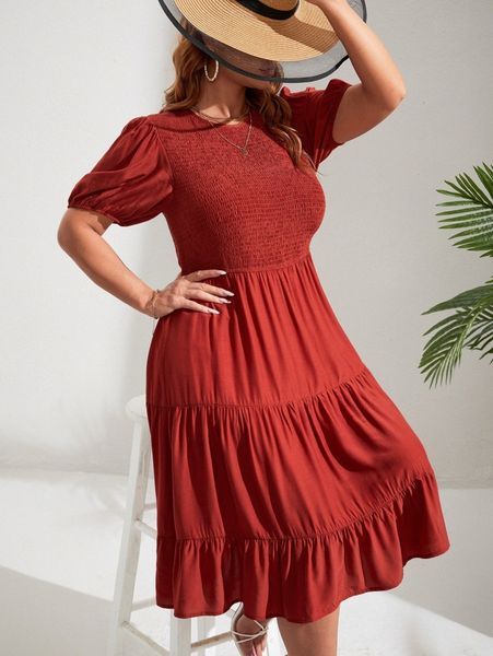 

plus shirred puff sleeve ruffle hem dress n0wc#, Black