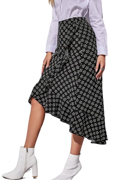 

emery rose allover floral print ruffle trim skirt y8ed#, Black