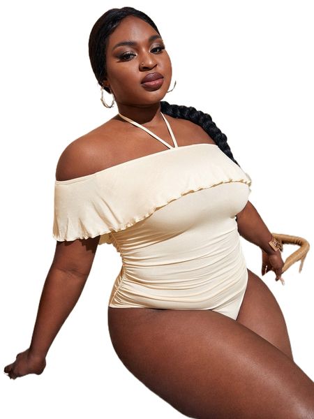 

sxy plus solid ruffle trim halterneck bodysuit 676a#, Black