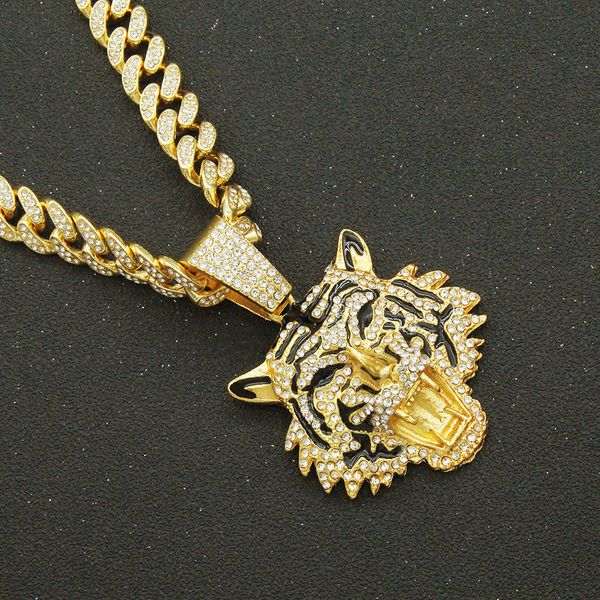 

three dimensional diamond painted oil tiger head pendant cuban chain necklace personalized nightclub disco men's domineering pendant, Silver