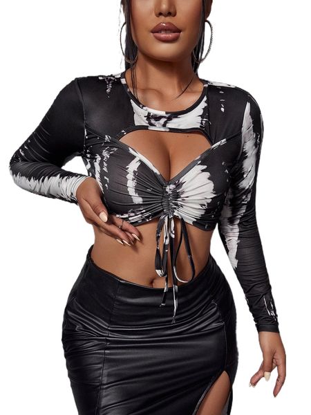 

sxy tie dye drawstring cut out crop tee p3be#, White