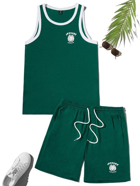

men lion & letter graphic contrast binding tank and drawstring waist shorts 91pw#, Gray