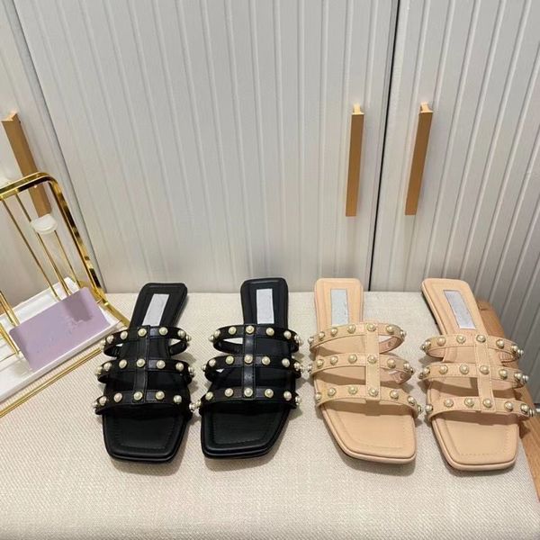 

women slippers cutout mesh hazal flat pearl studs slides luxury designer sandals slippers motif fashion leather, Black