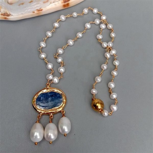 

yygem natural cultured white freshwater rosary chain necklace blue kyanite rice pearl pendant 18", Silver