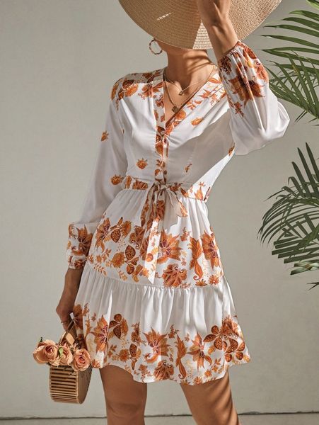 

self belted button up floral dress 072i#, Black;gray