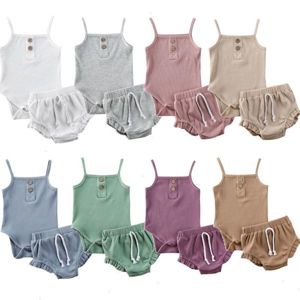 

toddler baby girls clothes pure sets color knitted button rompers shorts pp pants outfits 2pcs summer infabt clothing, White