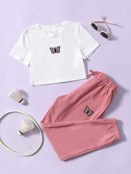 

girls butterfly embroidered and tie front joggers set she, White