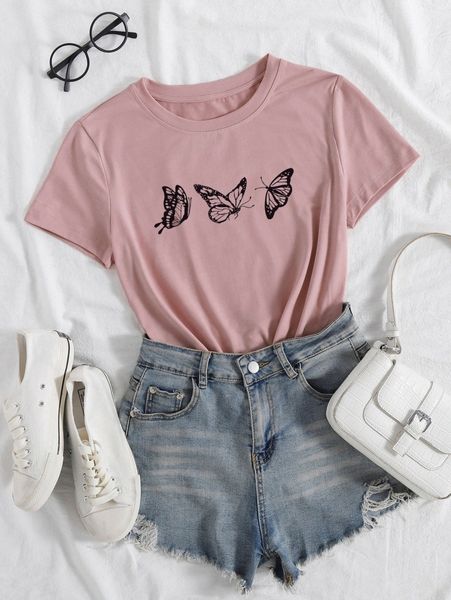 

butterfly print round neck tee u2e6#, White