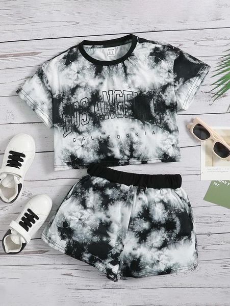 

girls tie dye & letter graphic tee and shorts set she, White