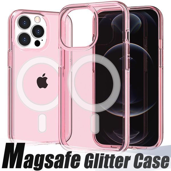 Transparente Magsafe Shiny Glitter Handyhüllen für iPhone 14 Pro Max Plus 13 12 Mini TPU PC Wireless Charger Magnetische stoßfeste Rückseite