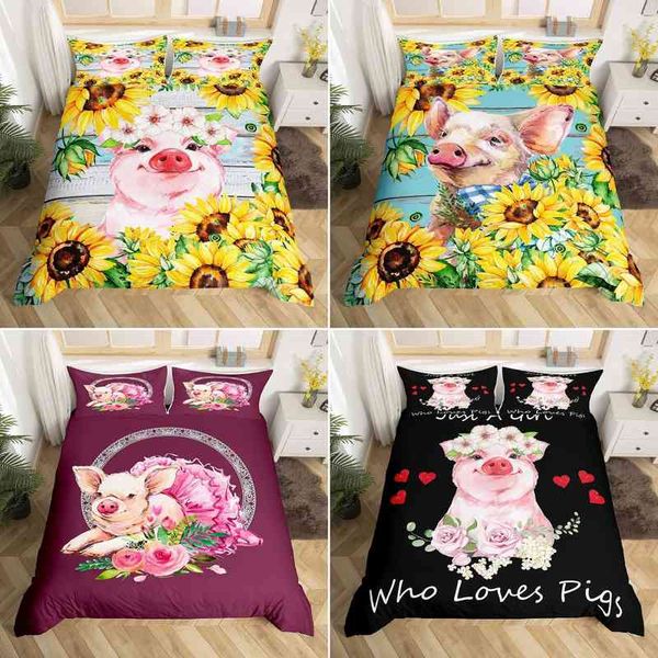 Rosa Schweinchen-Bettbezug, King-Size-Bett, hübsches Cartoon-Bauernhoftier-Bettwäsche-Set für Kinder, Jungen, Mädchen, gelbe Sonnenblumen, Tröster